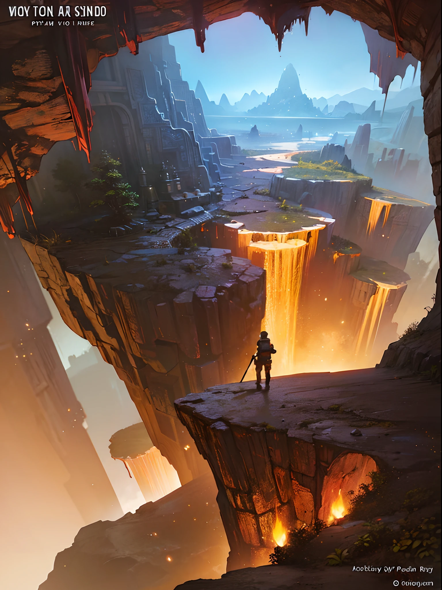 Cover for a book. An explorer man gazes into a mountain cave with a sense of wonder. Inspired by Paul Lehr's style.