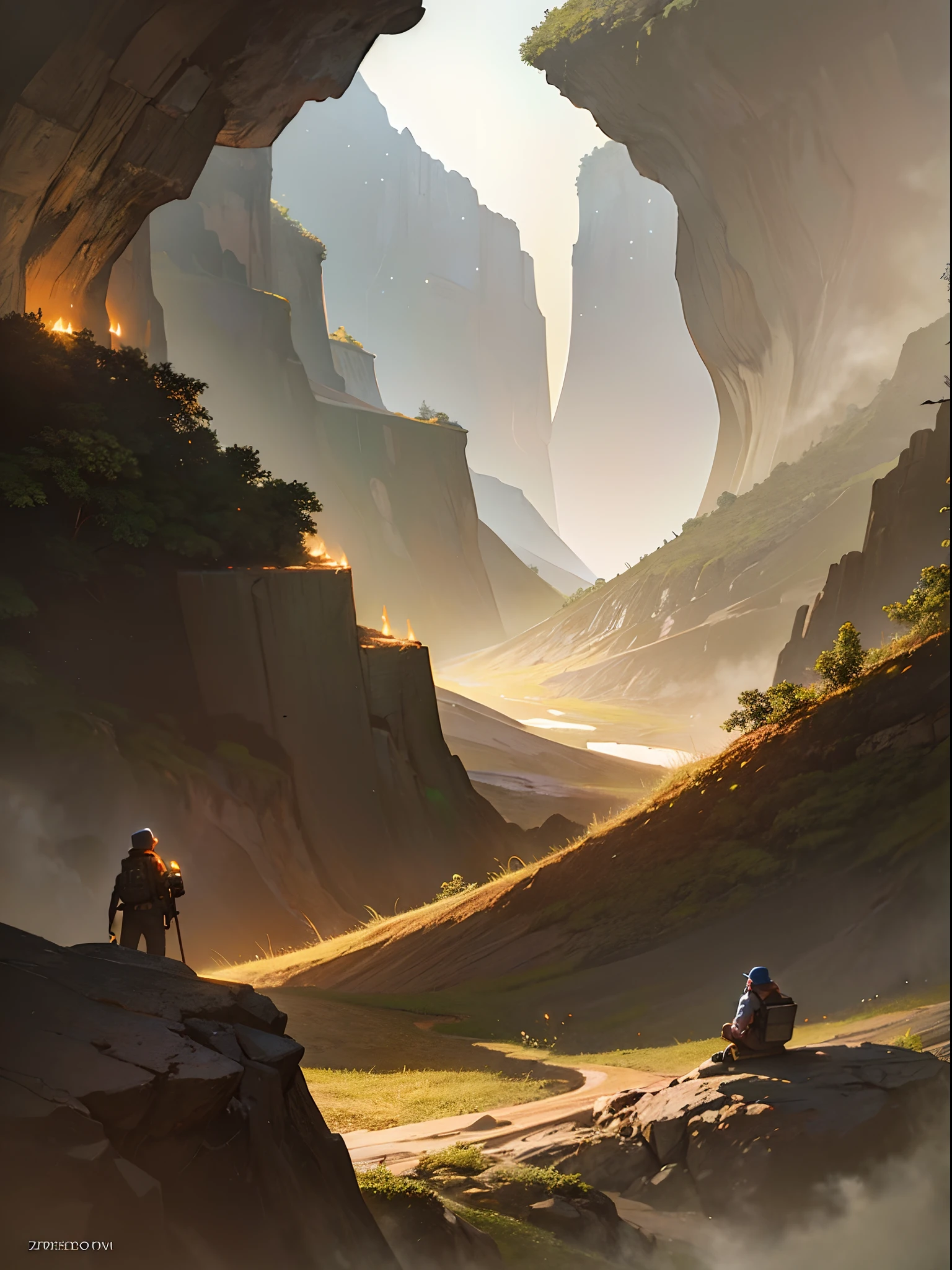 Cover for a book. An explorer man gazes into a mountain cave with a sense of wonder. Inspired by Paul Lehr's style.