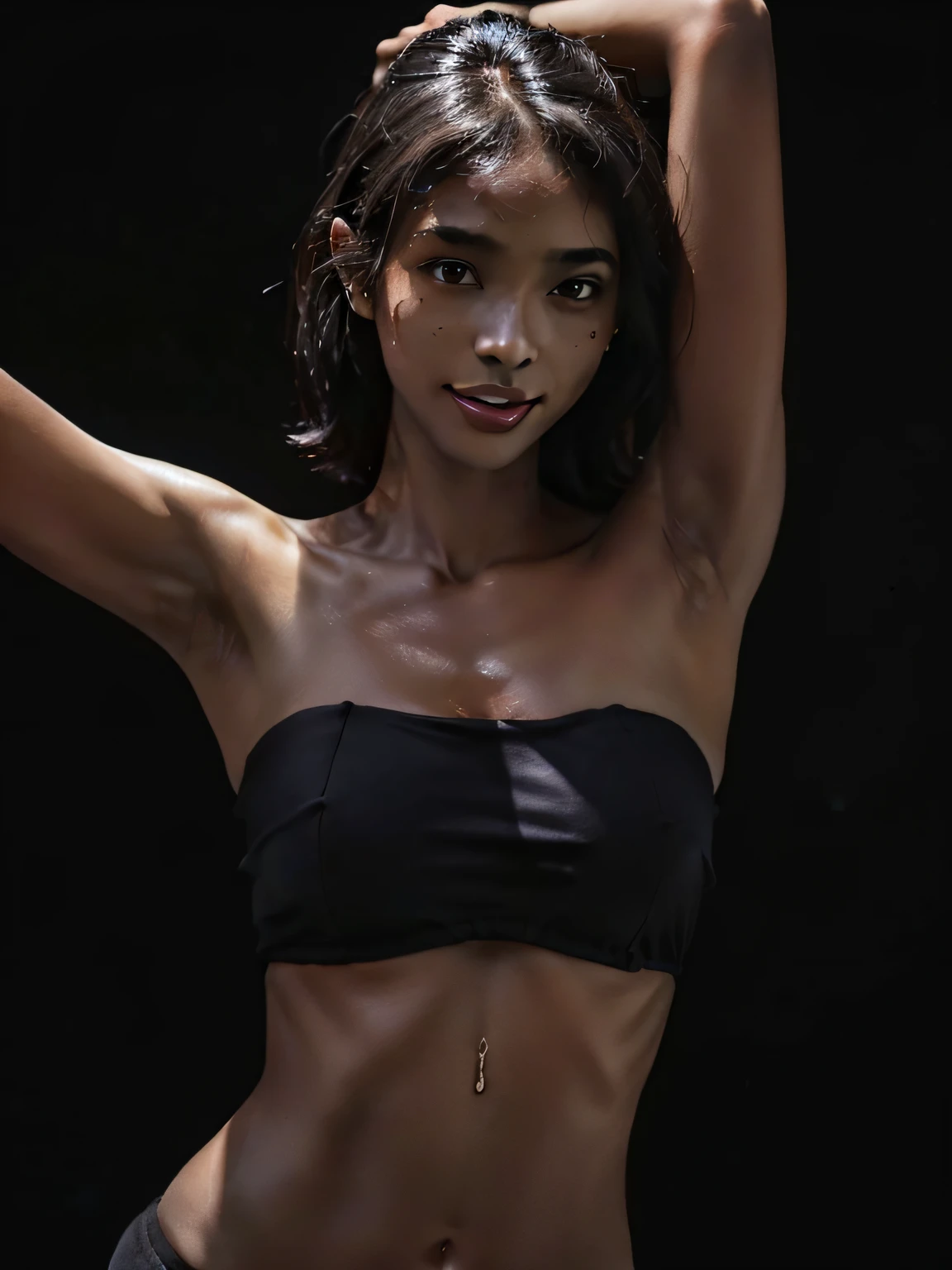 ((Black skin to the maximum、Black armpit))､((darkest skin、the skin is maximally black,、Armpit、Black shiny skin、Damp black skin、shiny blackest skin!、 Black armpits、Pitch black skin like a black man！Wet shiny armpits、Pitch black armpit skin!、-yeld mo、full of sweat、Skin shiny with sweat、Realistic armpit wrinkles、Glossy armpits、improve the appearance of armpits、Armpit、Pitch black armpits、Take a pose with armpits visible、Full body close-up、Detailed black shiny armpits、Realistic black shiny armpits、Sweaty and glowing body、Detailed armpit wrinkles、full of sweat、Black detailed black armpits、Very black skin color、Caucasian and half-very dark-skinned woman、Black skin beauty、Black skin、Glossy armpits、Wet and see-through bra、Stand in the woods and show your armpits、Flesh-colored strapless bra、Woman with dark skin,  Smiling))、(high-ponytail Hairstyle、Caucasian and very black dark-skinned woman、8K、Caucasians with very dark skin）、Underwear models,, Flesh-colored strapless bra、Black panties、, 14years、Wen with the darkest skin))、Photorealistic perfect body、Armpit pose is standing normally、closeup picture, Best Quality, Armpits, Arms up, White bra、 at a forest、high-ponytail Hairstyle、Realistic, 8K、Glossy armpits、glowy skin