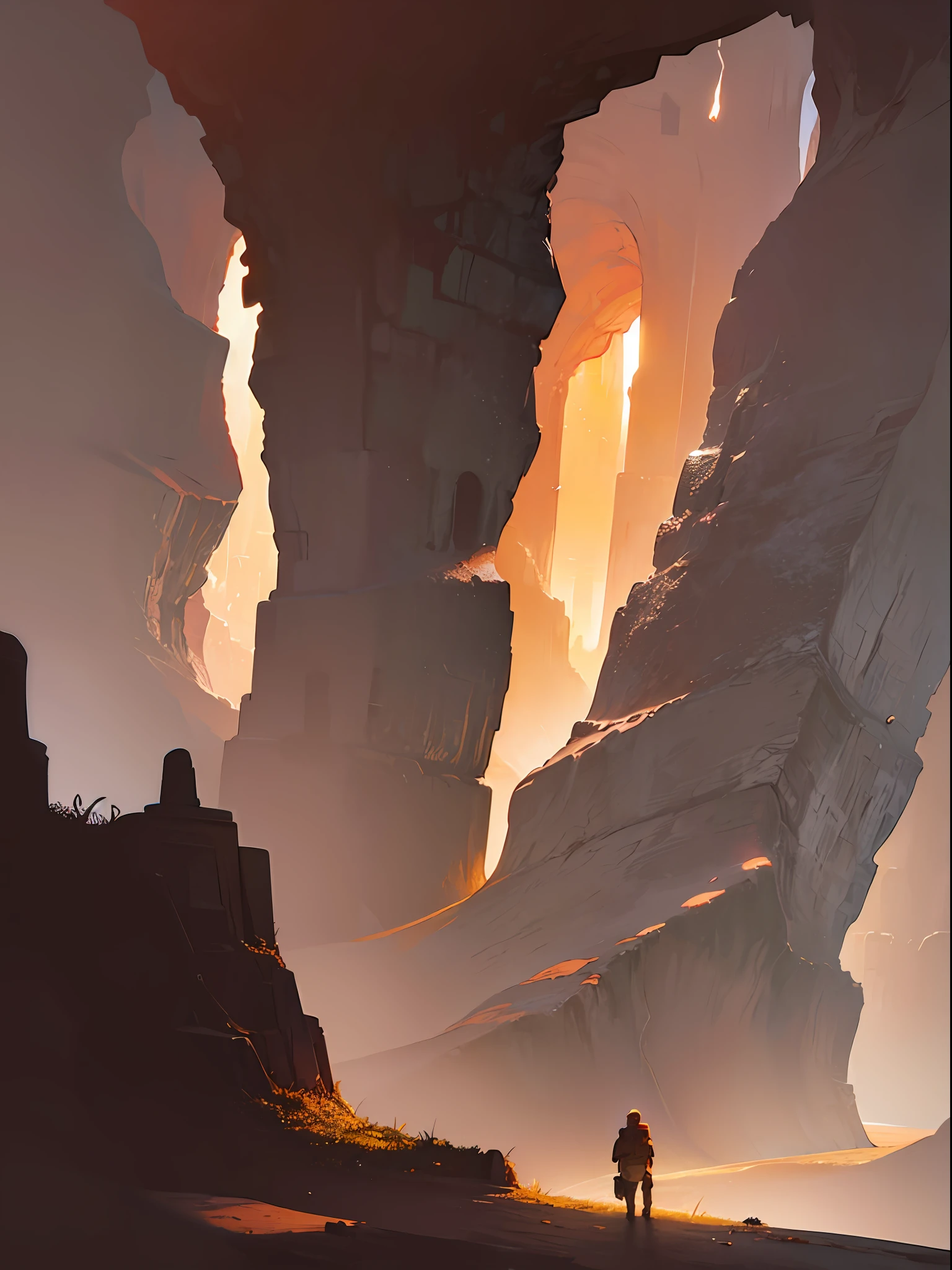 Cover for a book. An explorer man gazes into a mountain cave in the great canyon with a sense of wonder. Inspired by Paul Lehr's style.