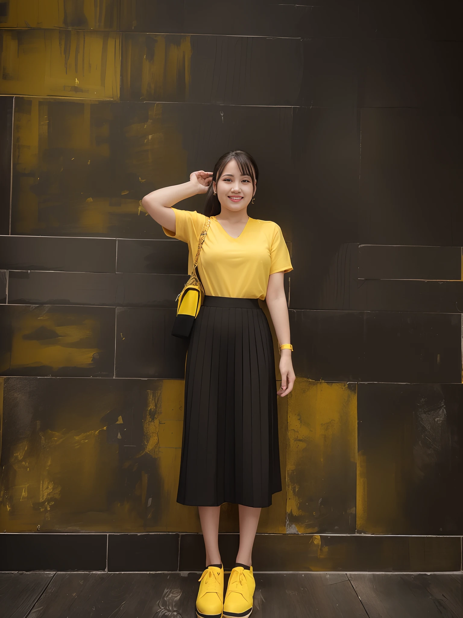 arafed woman in a yellow shirt and black skirt posing for a picture, yellow and black, black and yellow, with yellow cloths, yellow and black color scheme, yellow clothes, wearing a modern yellow tshirt, wearing wheat yellow gauze, wearing yellow croptop, yellow, yellow and charcoal, black and yellow colors, pleated skirt