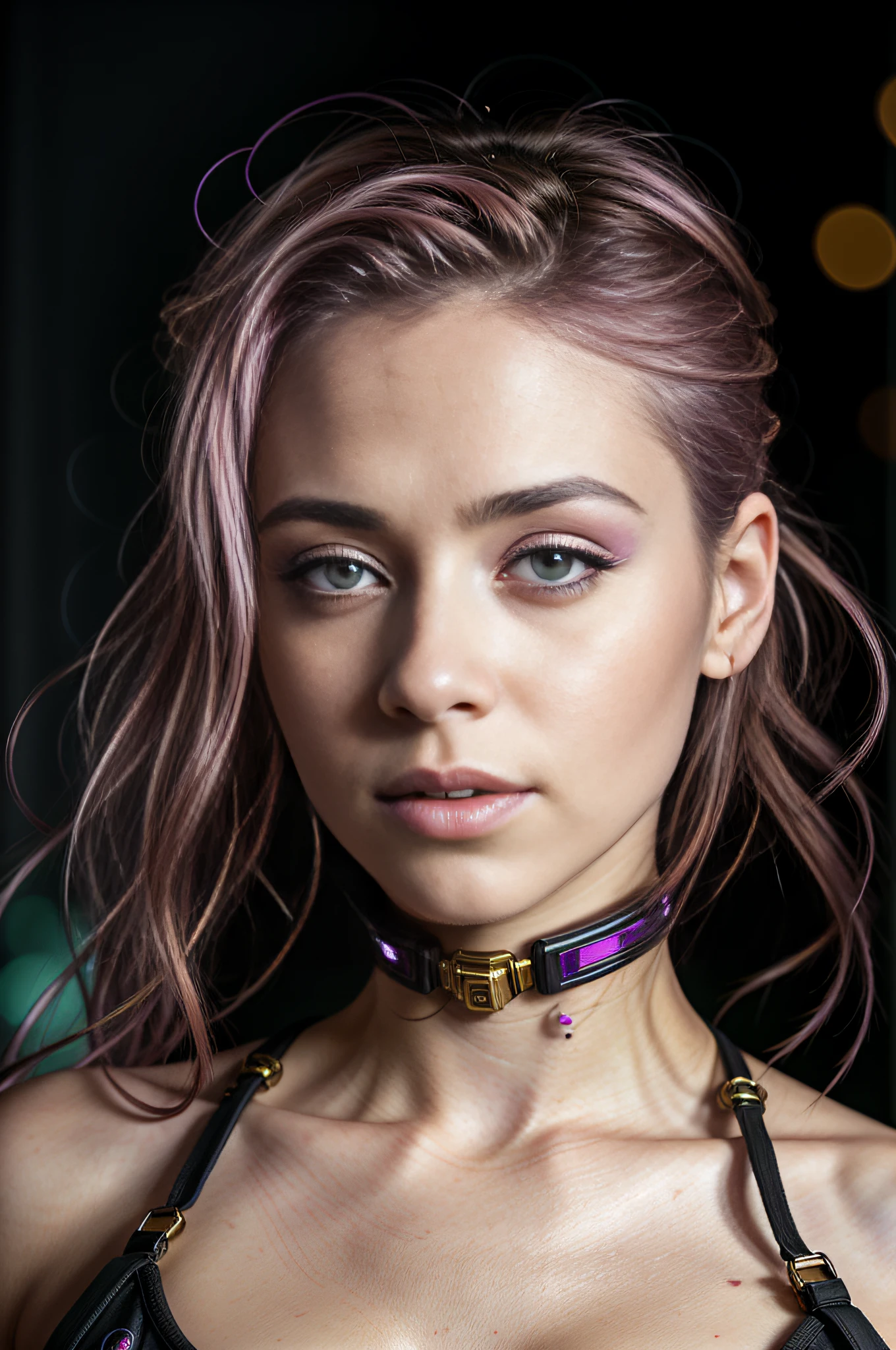 RAW photograph, masterpiece, photorealistic, full length photograph of abeautiful young woman, beautiful eyes, pink hair in expressive style, high quality facial features, accurate facial features, topless, erotic black cyberpunk clothes, neon background (bokeh:1.2) (best quality) glowing golden skin (detailed skin:1.3) (intricate details) (8k) (HDR) (cinematic lighting) (sharp focus), erotic, rgb led, V0id3nergy, erotic