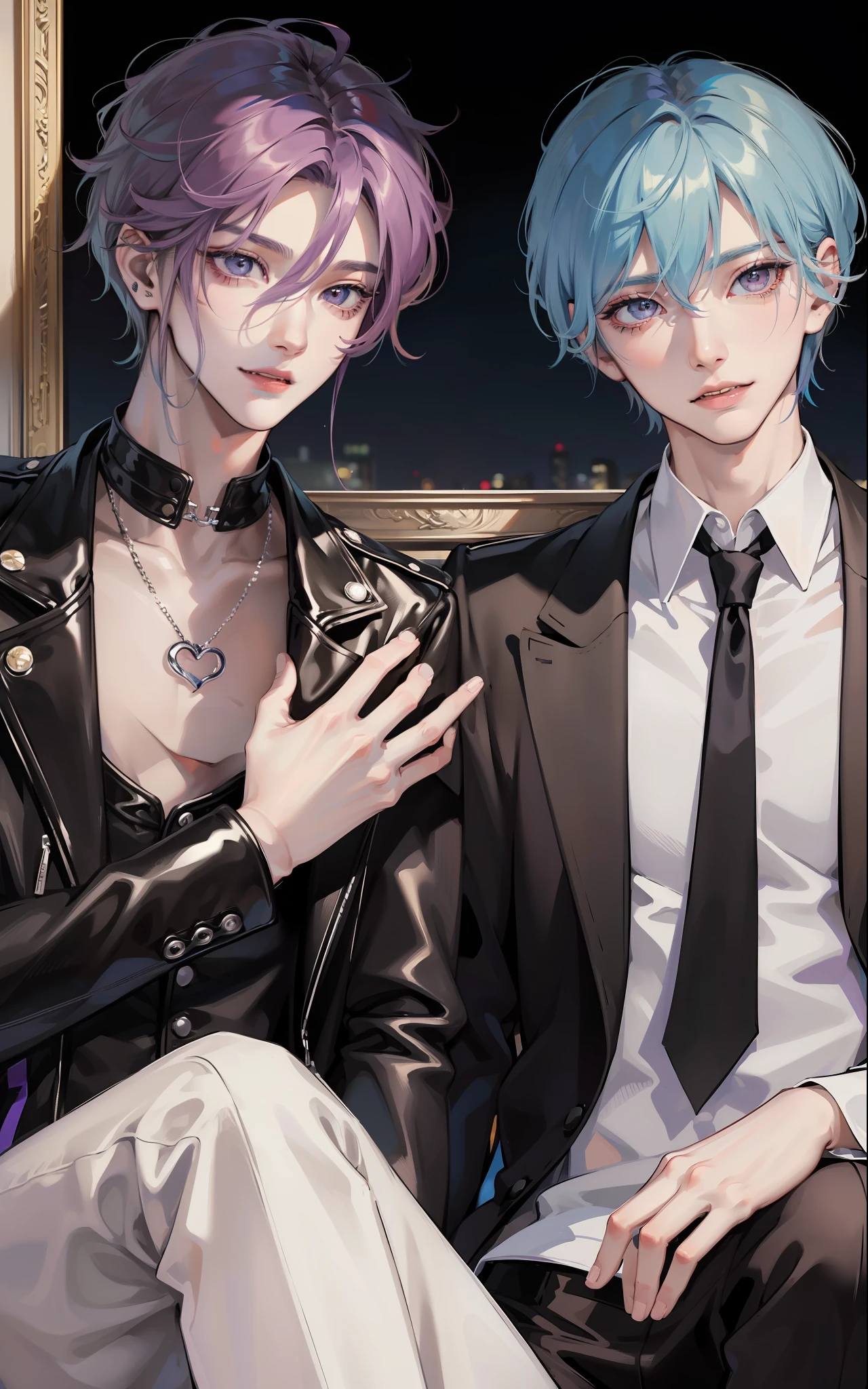 masterpiece, top-quality, 2Others, Male couple, 1 man and 1,, Adults, Height difference, different fashion, different color, finely eye and detailed face, intricate detailes, Black Butler Fashion, Modern urban streets, A smile, Happiness, tenderness, queers, Boys Love, high-level image quality、 Two beautiful men、tall、The upper part of the body、nightfall、nighttime scene、𝓡𝓸𝓶𝓪𝓷𝓽𝓲𝓬、Korean Male, k pop, Professional Photos, Vampires, Fedoman with necklace, inspired by Sim Sa-jeong, androgynous vampire, :9 detailed face: 8, extra detailed face, detailed punk hair, ((eyes are brown)) baggy eyes, Seductive. Highly detailed, semi realistic anime, Vampire butler, hyperrealistic , delicate androgynous prince, imvu, short hair above the ears, Man with short hair, With a purple-haired man with a wild expression, Man with light blue hair with gentle expression, With a short-haired man with bright purple hair, Man with light blue hair, Drama filming, Acting