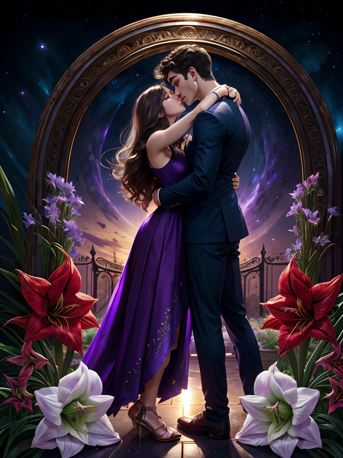 Incredible and spectacular scene，((high qulity)), ((A detailed)), ((fantasy)), "Purple plasma brain，Purple plasma body，realisticlying，Fine face，best qualtiy，4K, Handsome brunette man，long whitr hair，flowers trapped in blisters at the top realistic, (Handsome boy and beautiful girl hugging and kissing)，Full body like", Quality(3D rendering effect) ，exquisite detailing，((amaryllis))，The background is the starry sky of another world --v 6