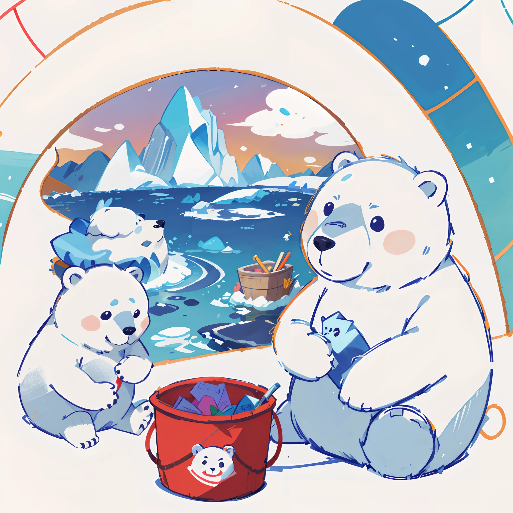 Arctic glaciers: Two polar bears sit next to a bucket of coloring pages, Children's picture books，clean coloring book page, coloring book page, Coloring book outline, coloring page, line art colouring page, Children\'s book drawing, in an igloo, Glacier coloring, Bears, Children\'s illustration, coloring page, children illustration, coloring book, children's book illustrations, colouring - in sheet