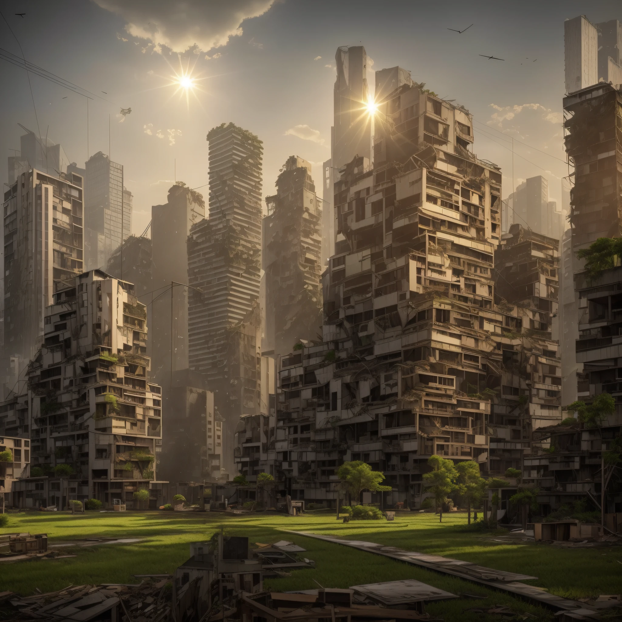 From above,Abandoned metropolis,Many abandoned high-rise buildings:1.2, Dilapidated house,clutter,Vines and weeds overgrew on the buildings:1.6,Huge trees grow on tall buildings:1.5,Collapsed tall buildings:1.5,Forests grow between buildings,com cores neutras,cinema shot,the complex background
