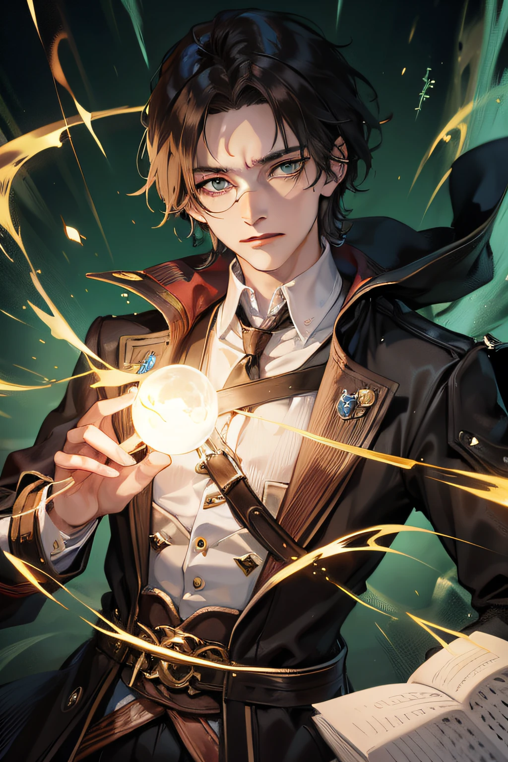 Harry Potter has bright blue-green eyes，Brown-black and disheveled hair（There are always a few strands of disobedient hair on the back of the head），There is a slender lightning-shaped scar on his forehead，A spell-casting gesture shaped like Avadaso's life。This scar has also become a hot topic of discussion，It is also a characteristic of him。