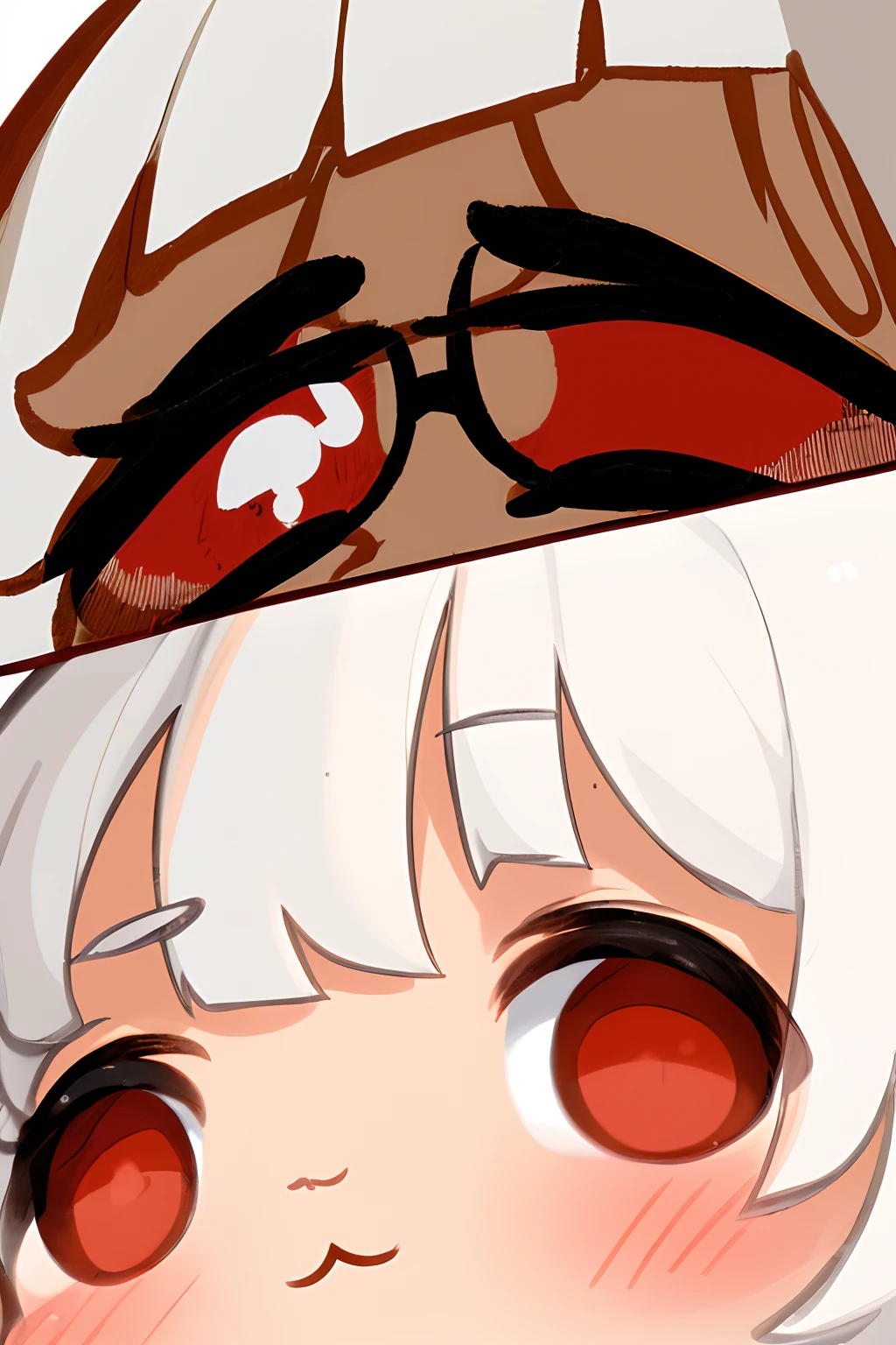 absurderes, 1girl in, brown-eyed, length hair, white hair, roll up eyes, eye lashes, Look at viewers, spasming, The upper part of the body, onepiece, Chibi, Emote, Face-to-face viewers,cute little (:3:1.0), red blush