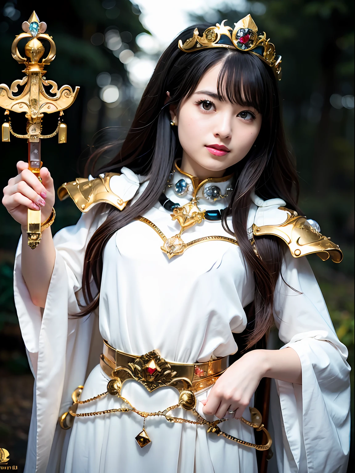 (masutepiece), Professional , ​masterpiece、top-quality、photos realistic , depth of fields （Gemstone Silver Metal Body:1.９),(Matte White、Jewel Gold Weapon（Jewel Metal Body:1.４),Gorgeous metal weapons ,（Swarm of goblins）、 Detailed Sword of the Brave , Beautiful knife   ,warhammer 40k , adepta sororitas,Detail and ornate jewel crown、Black hair、Gangle's forest background、Beautiful Caucasian beauty、１a person、dynamic ungle,(((Detailed and ornate diamond crown)))、Smaller head、A smile、Take a sexy pose、Thin and beautiful female hands、cyanide light particles、Mystical expression、