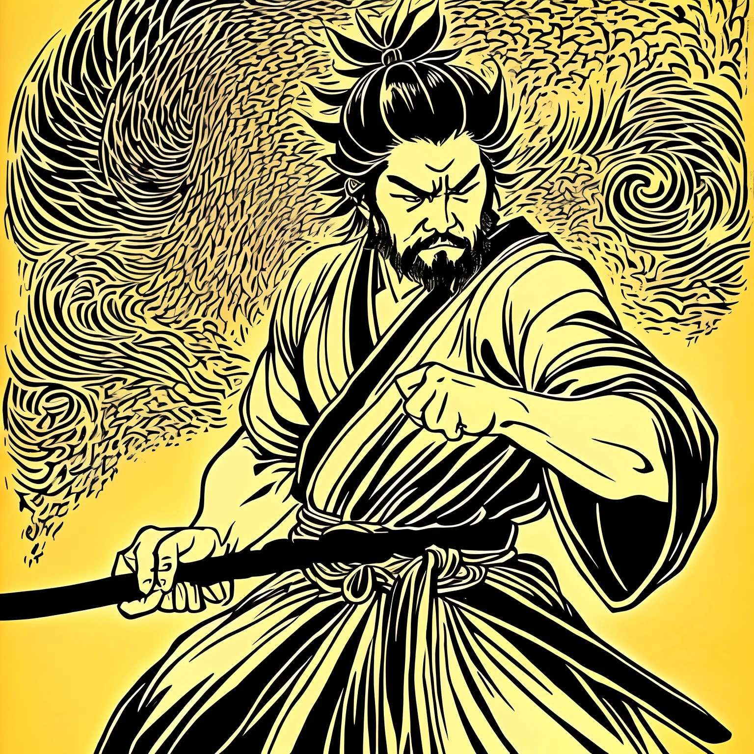 It is a Katsushika Hokusai style line drawing with natural colors. The swordsman Miyamoto Musashi is a Japanese samurai with a great strong physique as a strong man. Your face is very dignified. He also has short black hair and a short, trimmed beard. His upper body is covered by a black kimono and his hakama is knee-high. Meditando. Alta qualidade, masterpiece high resolution ukiyo-e style. Chamas vermelhas rodopiando na noite escura. Miyamoto Musashi faces the front and swings his sword hard.