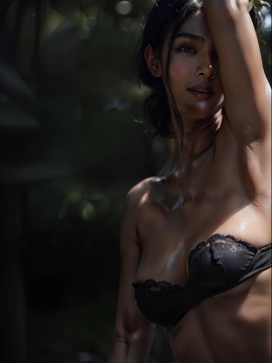((She has the blackest black skin、The blackest black skin、Armpit、Black wrinkled side、shiny blackest skin!、 Armpits are the blackest、Pitch black skin like a black man!、The sun hits her、Illuminates her very brightly、Pitch black armpit skin!、Model at 、Realistic armpit wrinkles、Glossy armpits、improve the appearance of armpits、Armpit、Take a pose with armpits visible、Full body close-up、Detailed black shiny armpits、Realistic black shiny armpits、Sweaty and glowing body、Detailed armpit wrinkles、full of sweat、Black detailed black armpits、Very black skin color、Black woman with very dark skin、Black skin beauty、Black skin、Glossy armpits、Stand in the woods and show your armpits、Dark-skinned woman in black strapless bra, Smiling))、(high-ponytail Hairstyle、Caucasian and very black dark-skinned woman、8K、Caucasians with very dark skin)、Underwear models,Strapless bra、Black panties、, 15yo studentthe darkest skin))、Photorealistic perfect body、Armpit pose is standing normally、 Best Quality, Armpits, Arms up, Strapless Bras、 at a forest、short-haired、Realistic, 8K、Glossy armpits、glowy skin、((glowy skin、Tecateca skin、Black skin、Black skin、detailed armpit、Skin shiny with sweat、Glossy armpits)) 1 girl in