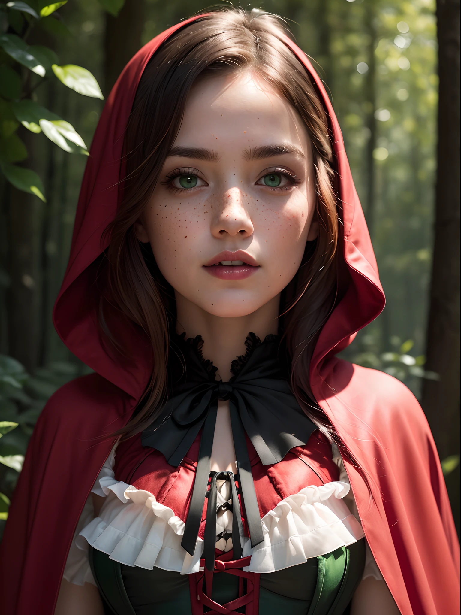 ((Masterpiece:1.4)), (high resolution:1.4), (close up:1.5), , at the forest, RedHoodWaifu, red ridinghood, (emerald green eyes, light brown hair:1.2), (freckles:1.2), dress, (red hood, cape:1.3), (black corset:1.5), (red skirt:1), (fruit basket), beautifull smile, beautiful face, highly detailed skin, skin pores, (highly detailed face:1.1), (highly detailed eyes:1.1), realistic pupils, full face blush, full lips, (perfect anatomy:1.1), (perfect proportions:1.1), (photography:1.1), (photorealistic:1.1), volumetric lighting, dynamic lighting, real shadows, (highres:1.1), sharp focus, daylight, (realistic, hyperrealistic:1.4), intricate, high detail, dramatic, subsurface scattering, big depth of field, vivid, polished, sharpened, ((full Sharp)), (extremely absurdres),16k hdr,