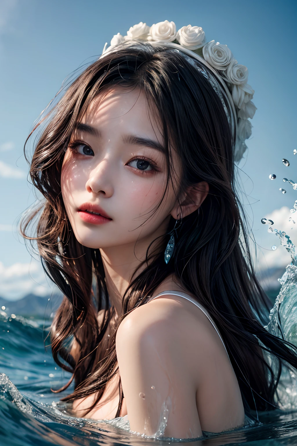 Best quality,masterpiece,ultra high res,1girl,beautiful_face,detailed skin, yushui,water,waves,