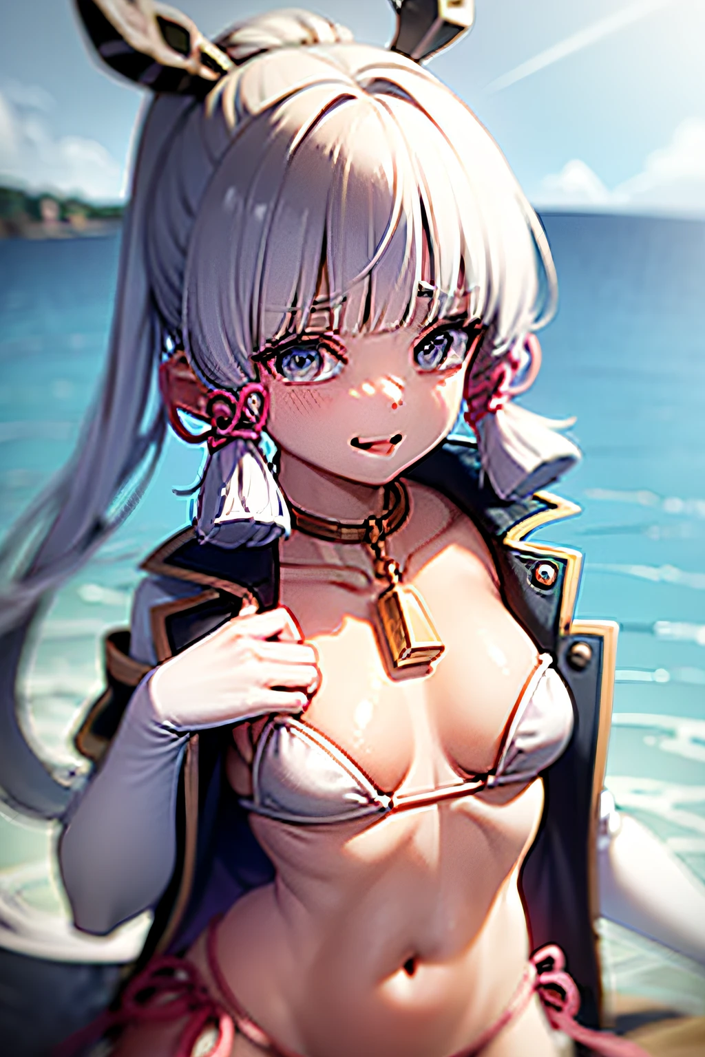 Wearing a very revealing bikini，There are small protruding spots on the chest，slightly open your mouth，The chest is large，Stick out your tongue，There is a little white on the tongue，Sandwiched between the two chests is a melting, white cream ice cream，The cream is stained on the chest