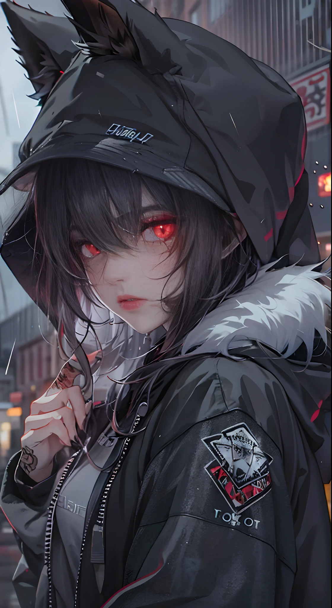 Glowing red eyes, brunette color hair, , Black hoodie, Wolf ears, Wolf tail, Rainy day city background, Heavy atmosphere, closeup view,Black color hair,wearing hat,Tattooed with,White-colored skin