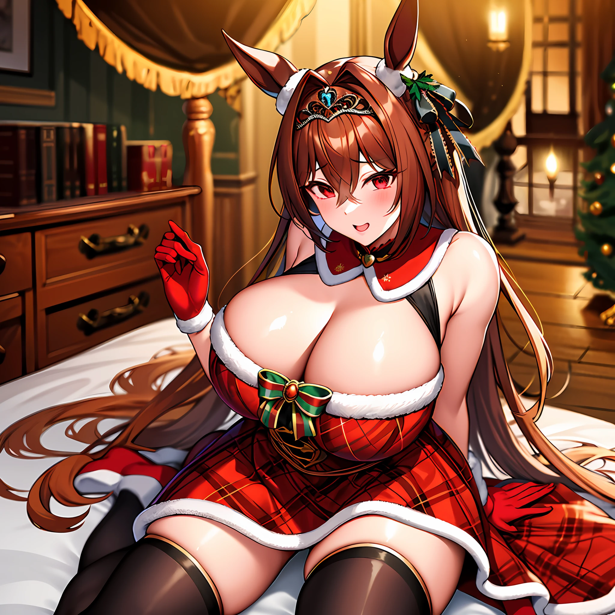 masterpiece, top-quality, Hi-Res,very extremely beautiful、 1girl in, Marl, 独奏, Daiwa Scarlet\(umamusume\), brown haired, Red gloves, tiarra, RED dress, Very long hair, black thighhighs, Tsukunoshi, sleeveless, red eyes, Plaid dresses, bangss, Dresses trimmed with fur,, sleeveless dress, Plain shoulders, hair between eye, Colossal tits:2.5, Single ear cover, Green Ribbon, frilld, a room, wariza, Christmas tree, Christmas,