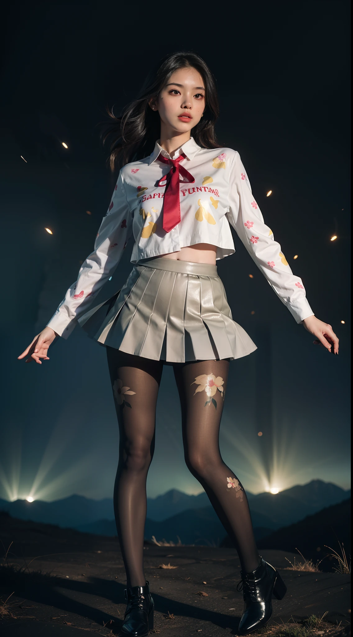(full body:1.5)，(1girl:1.3),(view the viewer:1.4)，(anatomy correct:1.45),(Dancing on high mountain peaks:1.3),(very thick printed pantyhose:1.4),( A woman Wear printed fantasy noble JK student uniform pleated skirt and uniform pointed high-heeled leather shoes :1.35)， (Light particle effect:1.3),(In pink | amarelo | blue colors| green color |red color | white colors| black in color| purplish color| greys| Beige| Flesh color 1.4)，(Glowing eyes:1.3),(Large amplitude action: 1.3)，(Accurate and perfect face:1.4),hyper HD, Ray traching, reflective light，structurally correct, Award-Awarded, high detail, lighten shade contrast, Face lighting，cinmatic lighting, tmasterpiece, super detailing, high quality, high detail, best quality, 16k，High contrast,