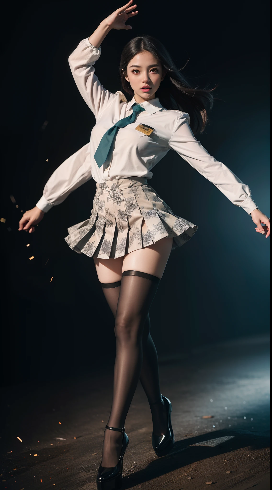 (full body:1.5)，(1girl:1.3),(view the viewer:1.4)，(anatomy correct:1.45),(Dancing on high mountain peaks:1.3),(very thick printed pantyhose:1.4),( A woman Wear printed fantasy noble JK student uniform pleated skirt and uniform pointed high-heeled leather shoes :1.35)， (Light particle effect:1.3),(In pink | amarelo | blue colors| green color |red color | white colors| black in color| purplish color| greys| Beige| Flesh color 1.4)，(Glowing eyes:1.3),(Large amplitude action: 1.3)，(Accurate and perfect face:1.4),hyper HD, Ray traching, reflective light，structurally correct, Award-Awarded, high detail, lighten shade contrast, Face lighting，cinmatic lighting, tmasterpiece, super detailing, high quality, high detail, best quality, 16k，High contrast,