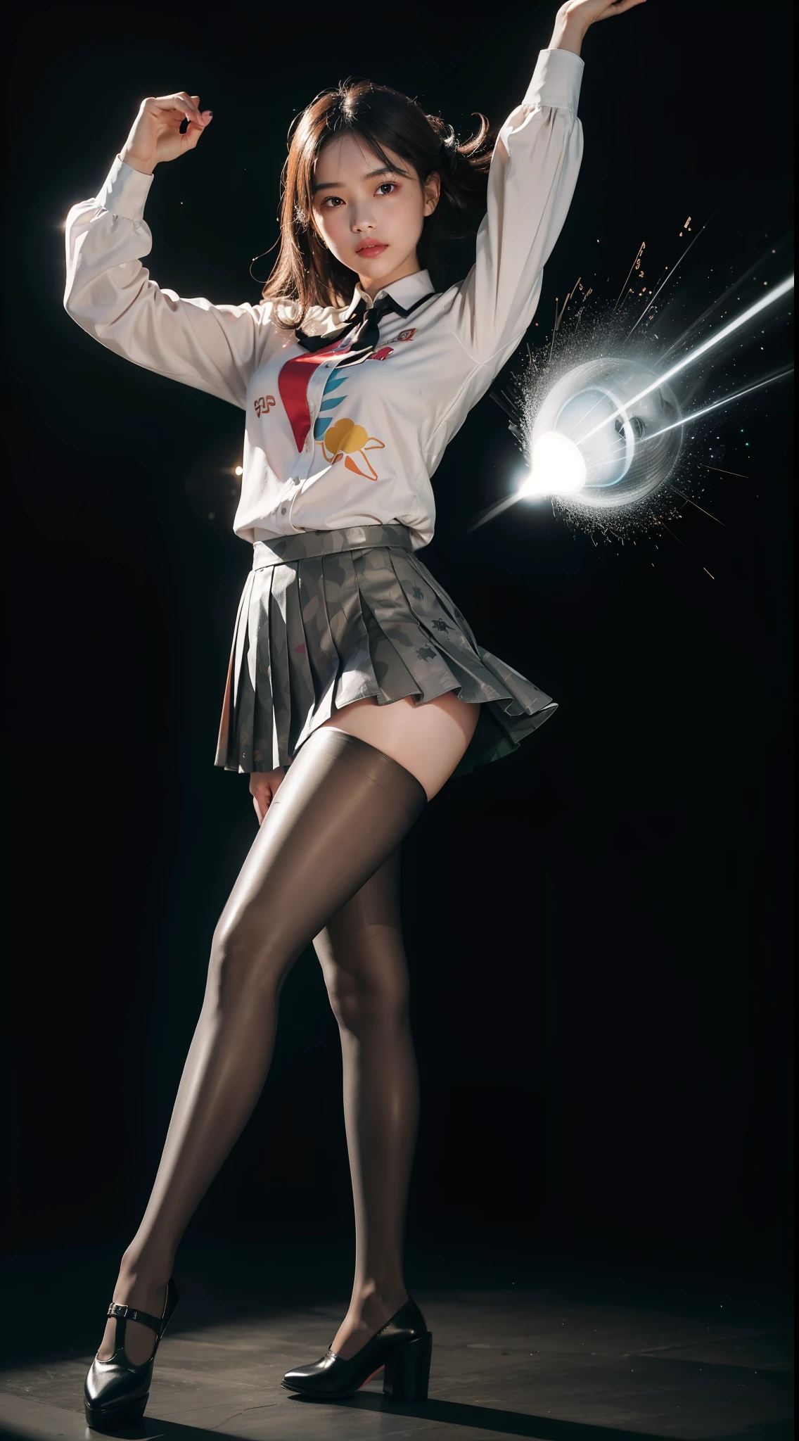 (full body:1.5),(1girl:1.3),(view the viewer:1.4),(??????? correct:1.45),(Dancing on high mountain peaks:1.3),(very thick printed pantyhose:1.4),( A woman Wear printed fantasy noble JK student uniform pleated skirt and uniform pointed high-heeled leather shoes :1.35), (Light particle effect:1.3),(In pink | amarelo | blue colors| green color |red color | white colors| black in color| purplish color| greys| Beige| Flesh color 1.4),(Glowing eyes:1.3),(Large amplitude action: 1.3),(Accurate and perfect face:1.4),hyper HD, Ray traching, reflective light,structurally correct, Award-Awarded, high detail, lighten shade contrast, Face lighting,cinmatic lighting, tmasterpiece, super detailing, high quality, high detail, best quality, 16k,High contrast,