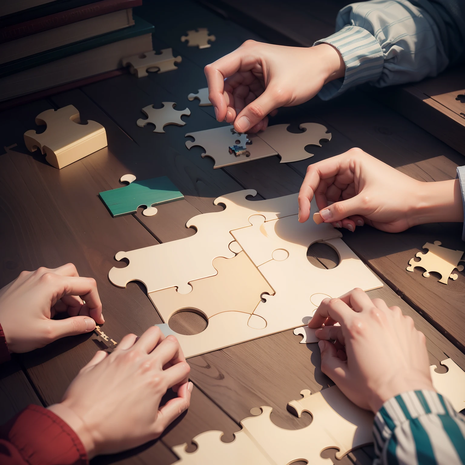 A hand assembling a puzzle and several pieces scattered around the game