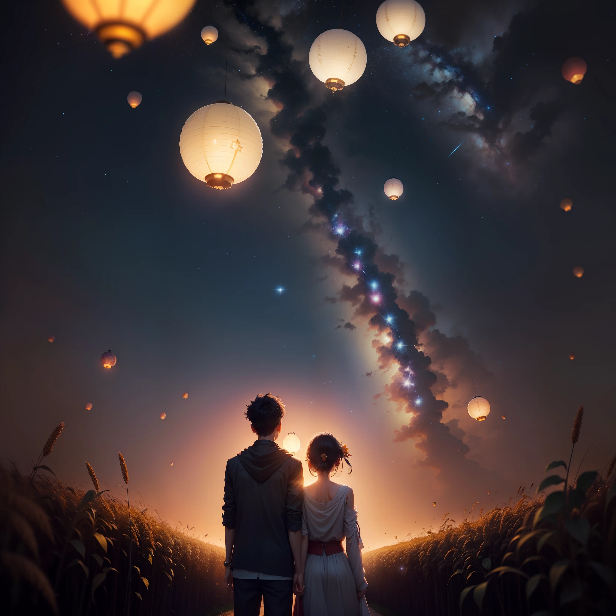 Bright starry sky，galactic，There are a lot of stars，A wheat field，Mai Lang，Silhouettes of boys and girls，komono，There are many Kong Ming lanterns in the sky，Countless Kong Ming lanterns，Countless Kong Ming lanterns，Shinkai sincerely，the night，meteors