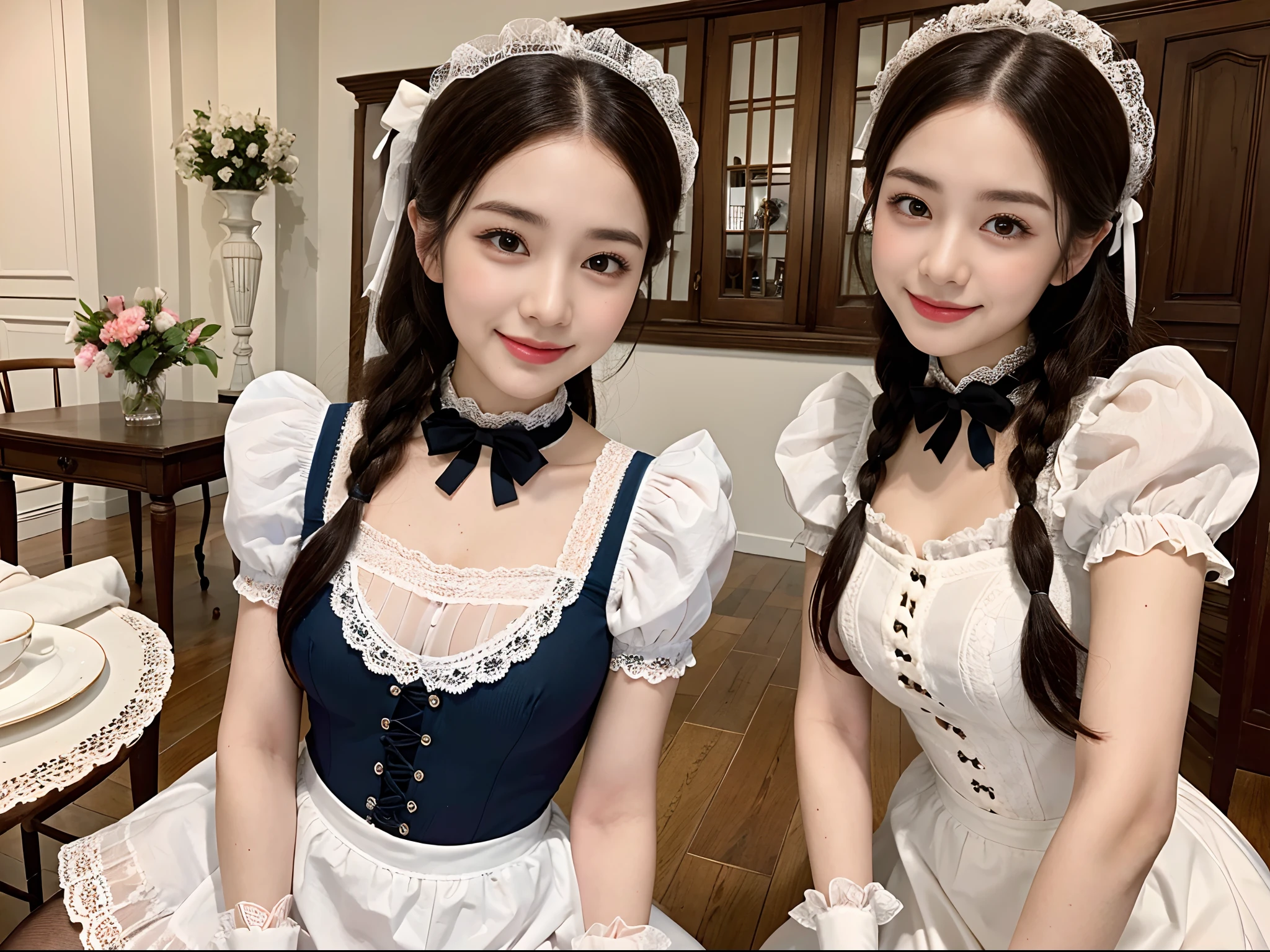 (best quality), (ultra-detailed), (high resolution), (intricate detail) for the group on the theme of housewife and tips, 2girl, 1950s, 1950s women, 2women, styled hair, bow blouse, high waisted skirt with petticoats, shy smile, collar, lace, apron, lace gloves, (detailed and beautiful face and eyes), indoors, house, tea party decor,