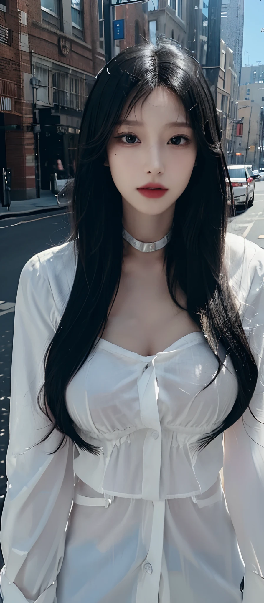 ((Best quality, 8k, Masterpiece :1.3)), Sharp focus :1.2, A pretty woman with perfect figure :1.4, Slender abs :1.2, ((black hair, collar, Big breasts :1.2)), (White button up long shirt :1.1), City street:1.2, Highly detailed face and skin texture, Detailed eyes, Double eyelid