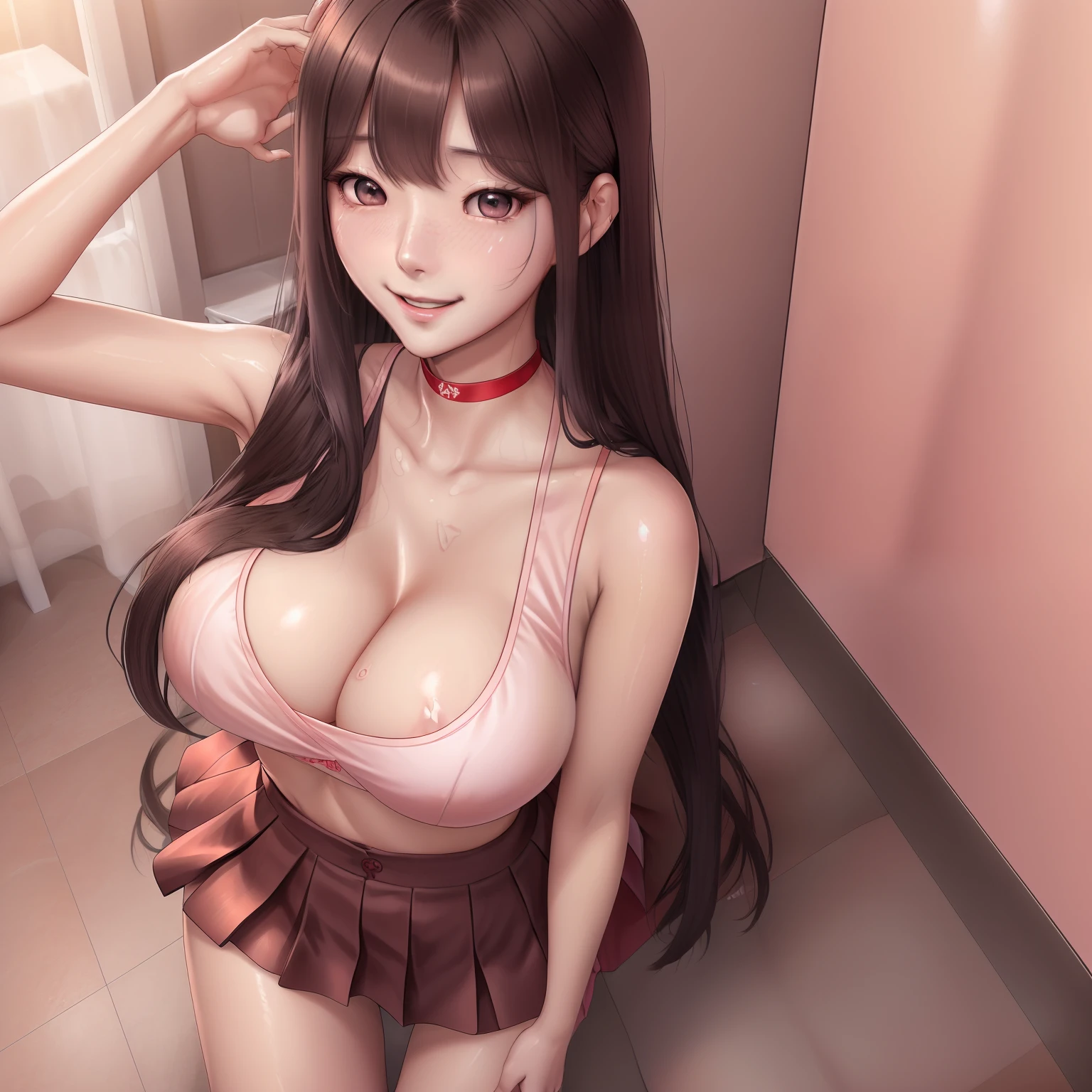 Korean girl,he tall,sexy pose,long wet brown hair,super big breast,(P cup),age 18,happy,ahegao and smile detailed face,sexy long wet shirt, and skirt outfit,full body,red peach lips,girl tempt me,her nose and cheek was red,(nfsw:1.5)