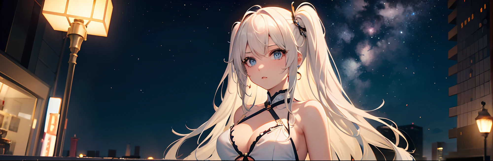 ((Best Quality)), (Ultra-detailed), ((Extremely detailed)), (Beautiful), ((Kawaii Girl)),(two side up hair).,Platinum Blonde Hair,Long hair, hair between eye, Wavy Hair, Long sideburns,Jade-colored eyes, White skin,Normal Chest,Slender body,Cross Halter Bikini,Sandals,background a pool, Night, Night view of New Tokyo City, Starry sky, Neon light,,Look Camera