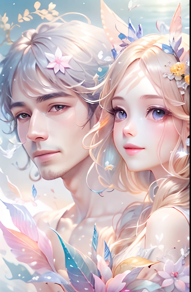 Beautiful transparent male and female fairy､Beautiful sparkling ocean、Transparent feathers､kindly smile､Summer background､Gentle and transparent fairy､Watercolor Paint