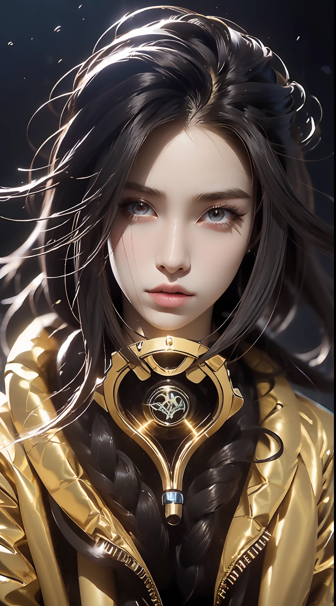 Partial underwater photography,Kasha,Hold the viewer's hand with your back to the camera,sideface,Asymmetrical face shape,Fluorescent headphones hang behind your hair,Black fur coat,Decorated with a gold dragon motif,Fine rendering details, Depiction of water texture, Delicate texture,best qualityer,16k high resolution wallpaper,