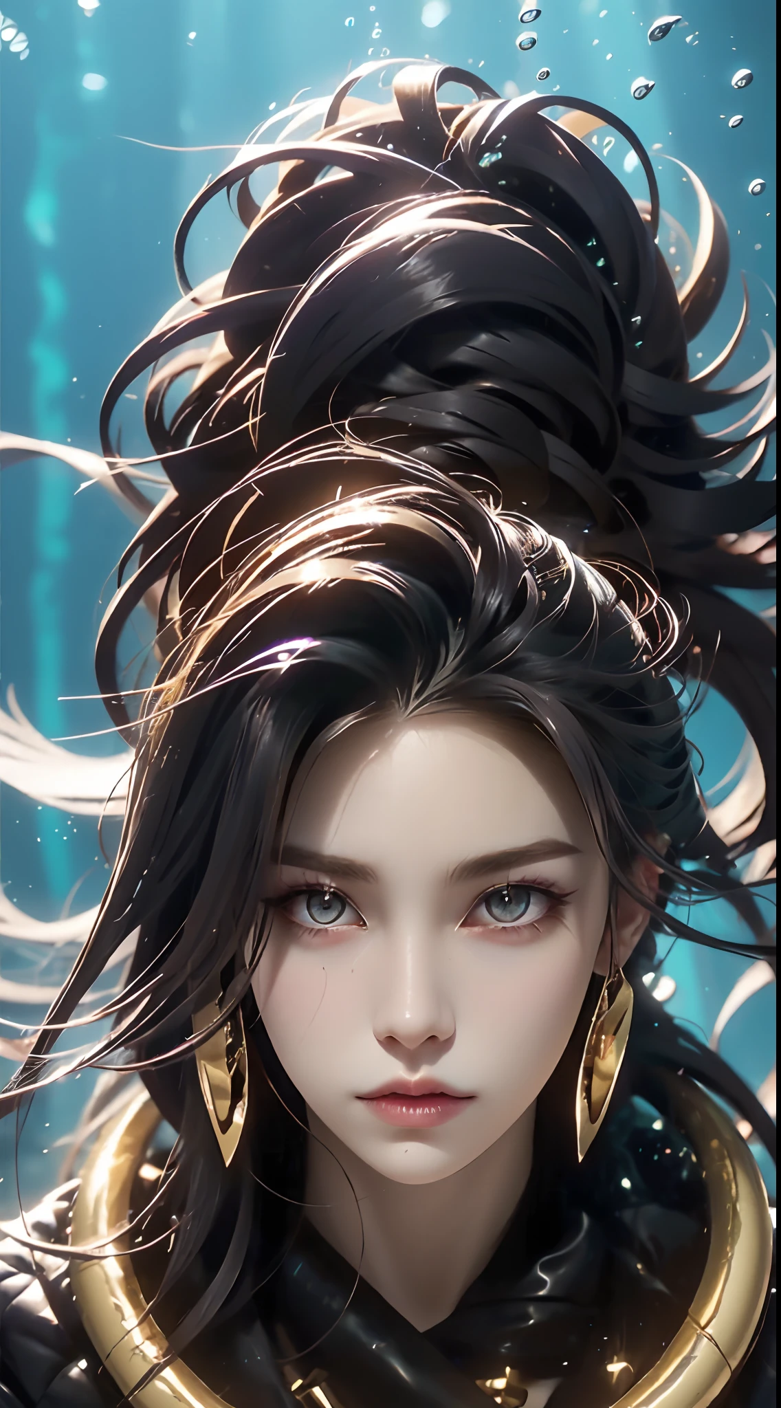 Partial underwater photography,Kasha,Hold the viewer's hand with your back to the camera,sideface,Asymmetrical face shape,Fluorescent headphones hang behind your hair,Black fur coat,Decorated with a gold dragon motif,Fine rendering details, Depiction of water texture, Delicate texture,best qualityer,16k high resolution wallpaper,