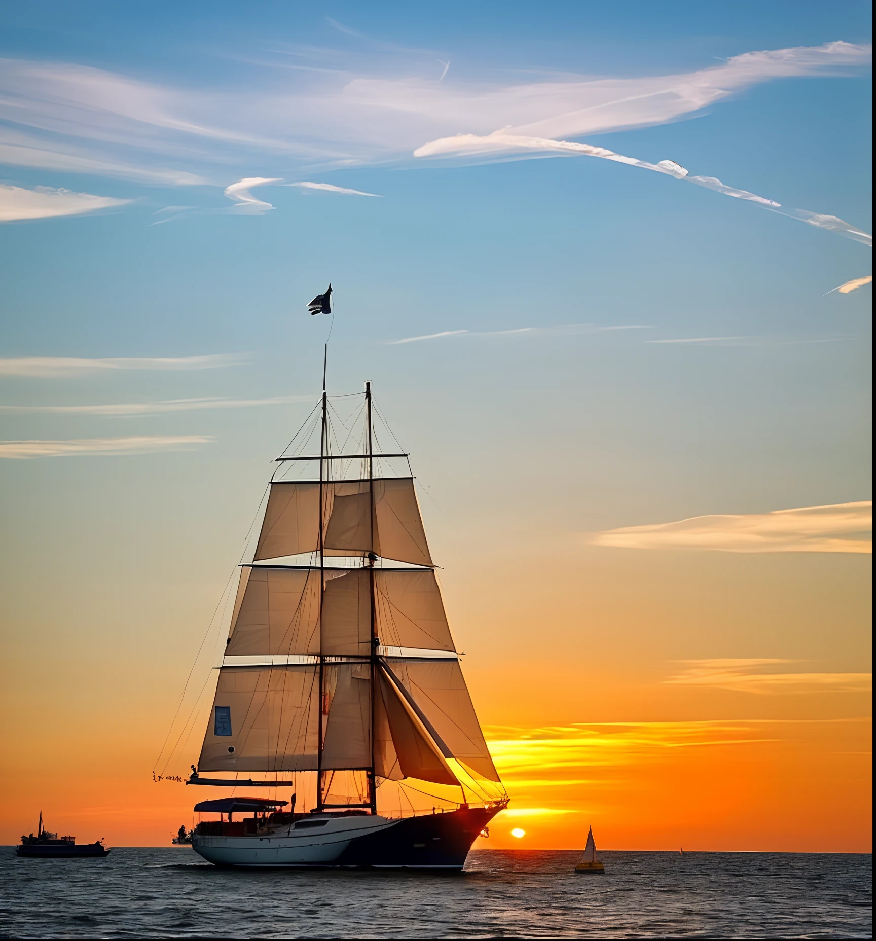 A sailboat carries a statue of Lady Liberty。The stone statue is protected by steel scaffolds on all sides。The sailboat sails in the middle of the sea, and the sea is full of waves,It's sunset。Half a day is a cloud of fire ,Realistic style,Cinema lenses,Super delicate style。
