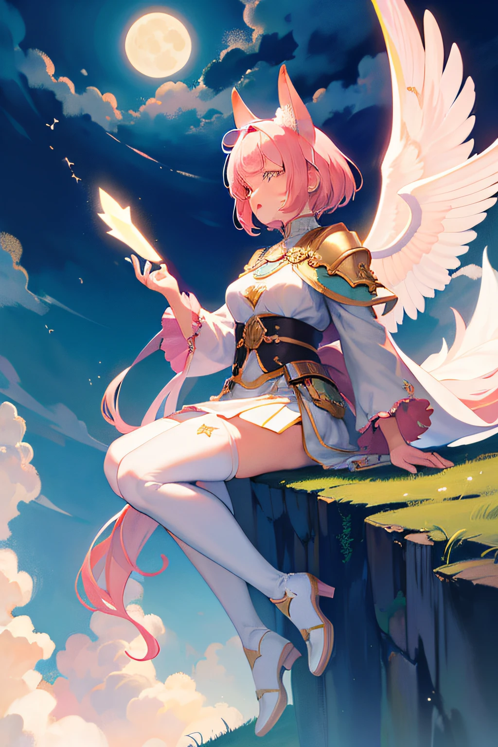 Masterpiece, Best quality, Ultra-detailed, illustration, 1girll, Solo, fantasy, wielding a sword, Fight, Night sky, Outdoors, Moon, stars, Light armored jacket, Clouds, Wind, Waist length pink hair, Cape, white Martin boots, white stockings，Pink fox ears，Pink fox tail, Fluffy tail，Breasts are slightly larger，the angel's wings，Blushlush，Glowing, mysterious, Enchanting, Whimsical, Playful, Adventurous, Freedom, Wonder, imagination, Determination, skill, Speed, sport, energy, Realism, Naturalistic, Figurative, representational, Beauty, Fantasy culture, mito, Fairy tales, Folklore, legends, fantasy world, composition, scale, foreground, Middle ground, Background, Perspective, Light, Color, Texture, detail, Beauty, Wonder, Ghibli style, Close up