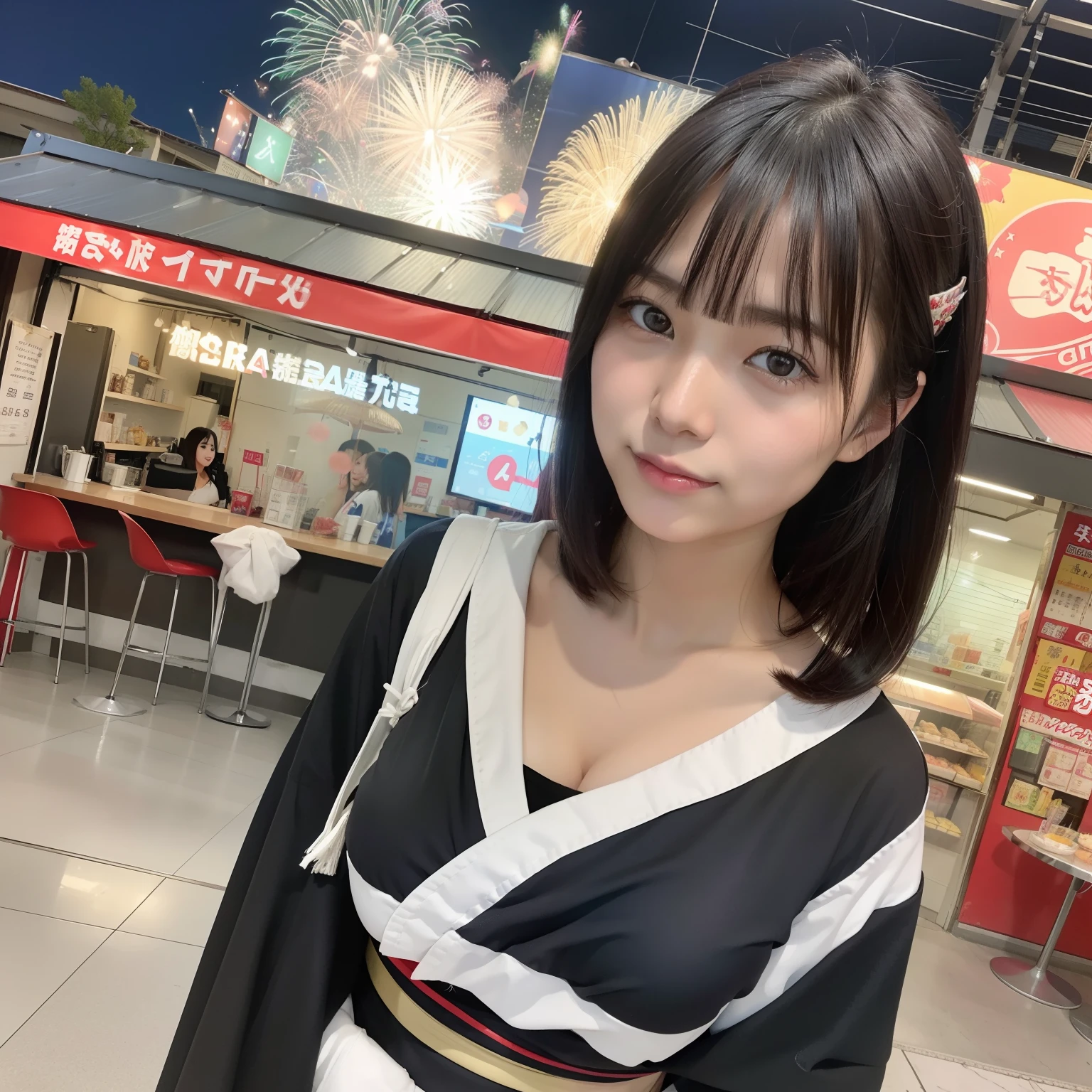 top-quality、超A high resolution、(Photorealsitic:1.4)、1girl in、Bust-up shot、(A dark-haired:1)、short-cut、(huge-breasted:1.2)、looking at the viewers、Cute little girl s、Realistic Girl、An 18-year-old woman、japanes、Black eye、Black kimono、Kimono with fireworks pattern、omatsuri、Fireworks Festival、food stand、Free Pose、Uchiwa、camel's toe、Erotic figure
