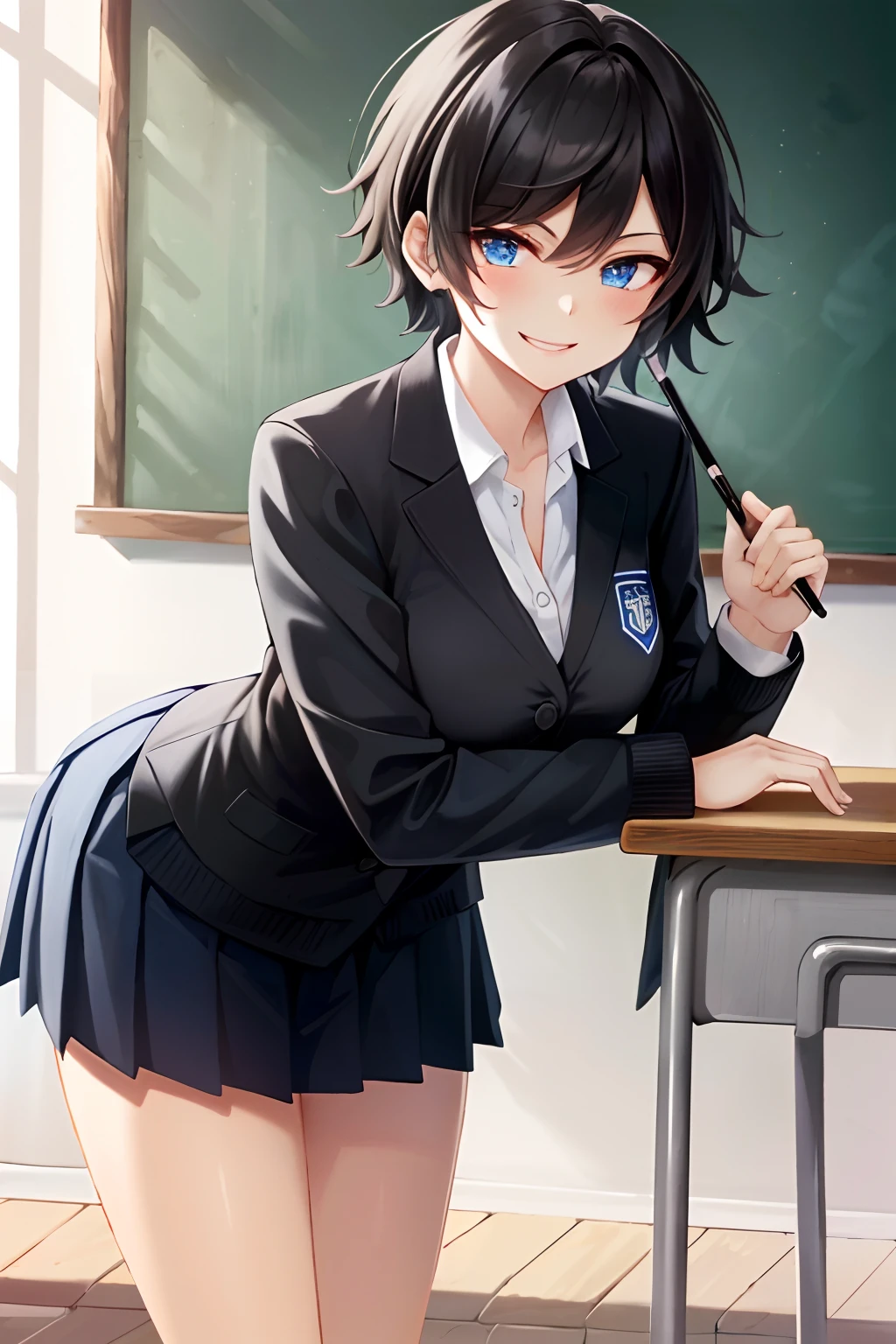 masterpiece, top quality, high resolution, masterpiece, adult woman, single, light blue best sweater, pleated mini skirt, black miniskirt, short hair, evil smile, black hair, evil smile, evil plan, school uniform, uniform, blue eyes, classroom