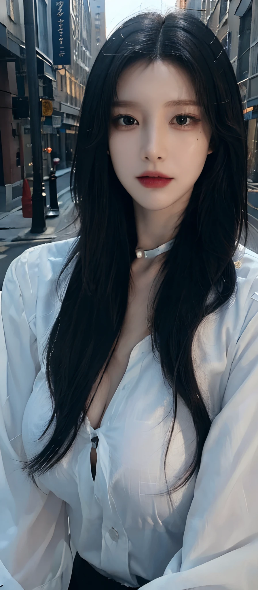 ((Best quality, 8k, Masterpiece :1.3)), Sharp focus :1.2, A pretty woman with perfect figure :1.4, Slender abs :1.2, ((black hair, collar, Big breasts :1.2)), (White button up long shirt :1.1), City street:1.2, Highly detailed face and skin texture, Detailed eyes, Double eyelid