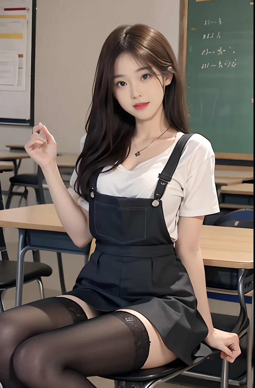 (8k,best qualtiy,tmasterpiece:1,2),(realisticlying,realisticlying:1,37),top Quority,tmasterpiece,a beautiful woman,Sexy teacher,Sexy female teacher,Tight and sexy overalls,Long legs,Long legs,black lence stockings,short skirt,Round chest,mischievous look,The background is in the teaching classroom,Chairs and study tables are stacked