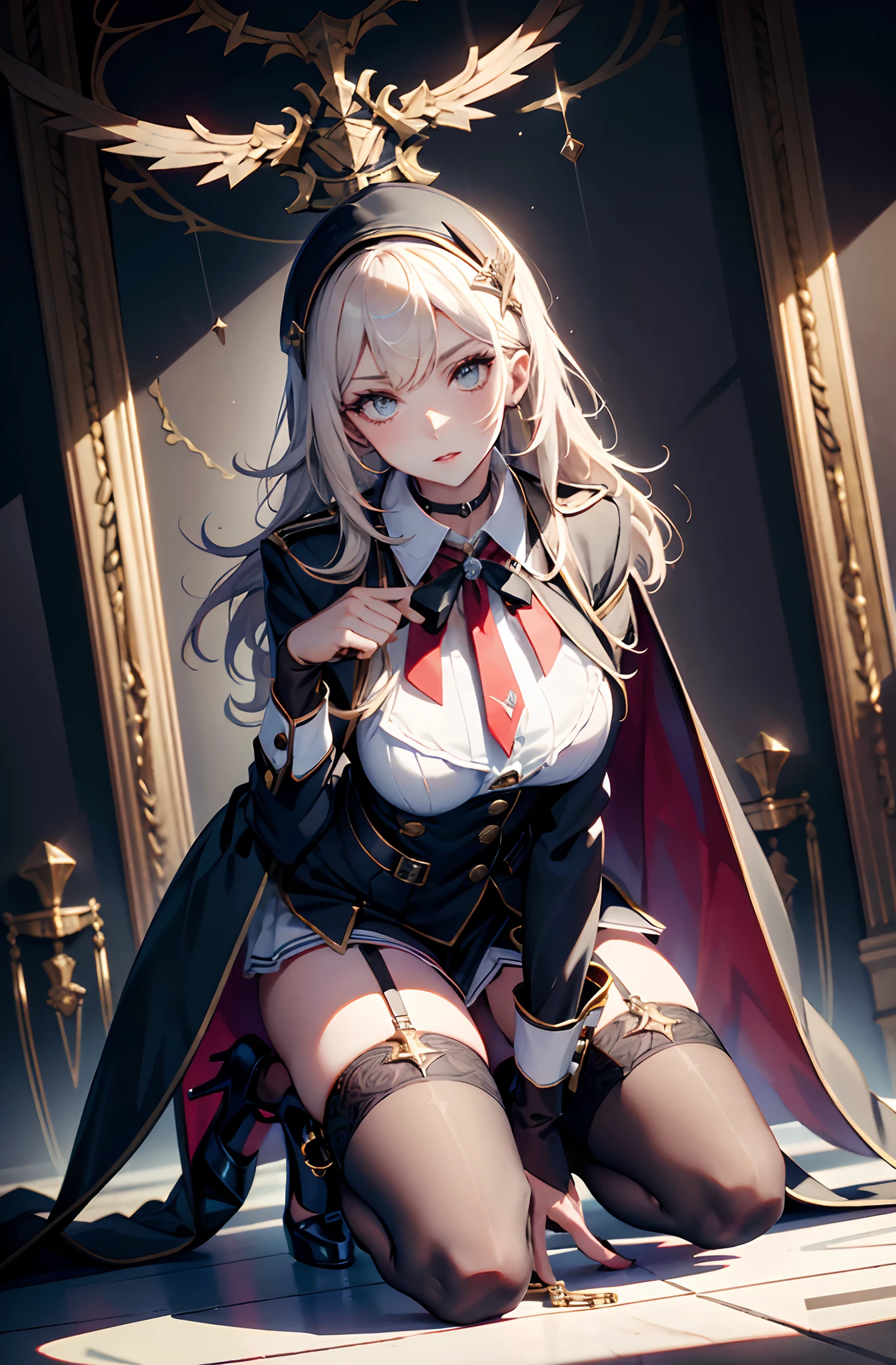 best qualityer,tmasterpiece,Ultimate resolution,downy,Extremely colorful,stewardess,Beauty severed head,Normal posture,Redlip,Collar,Kneeling pose,(Kneel),shackle,behead,behead,guillotine,Collar,handcuff,Anklets,(white stockings),high-heels,Normal posture
