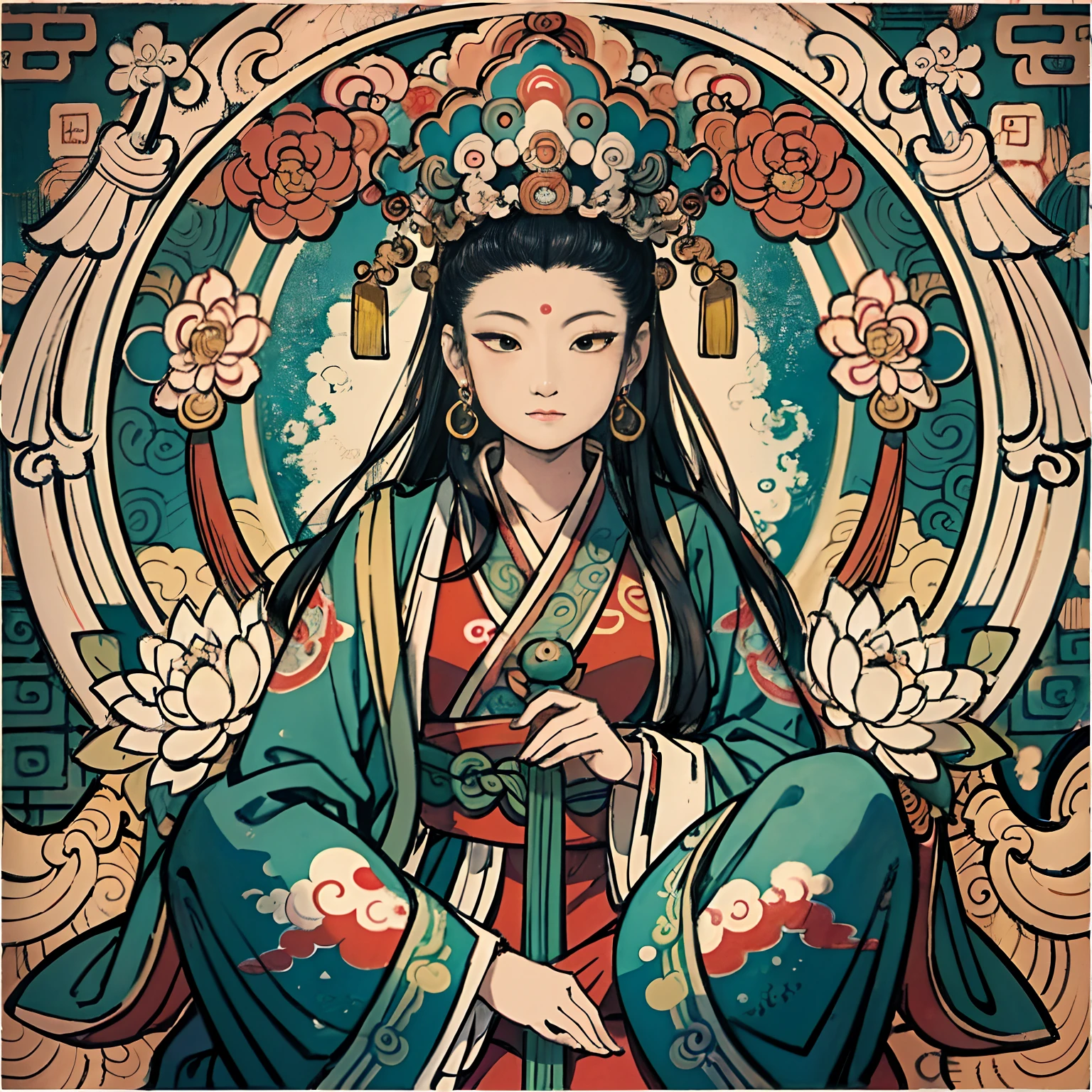 an ancient Chinese goddess, guanyin of the southern seas, Guanyin, Inspired by India, Avalokiteshvara Bodhisattva Phoenix，,Serene expression,shui mo hua,Buddha,Buddhist,Lotus,Chinese painting style,Thangka style