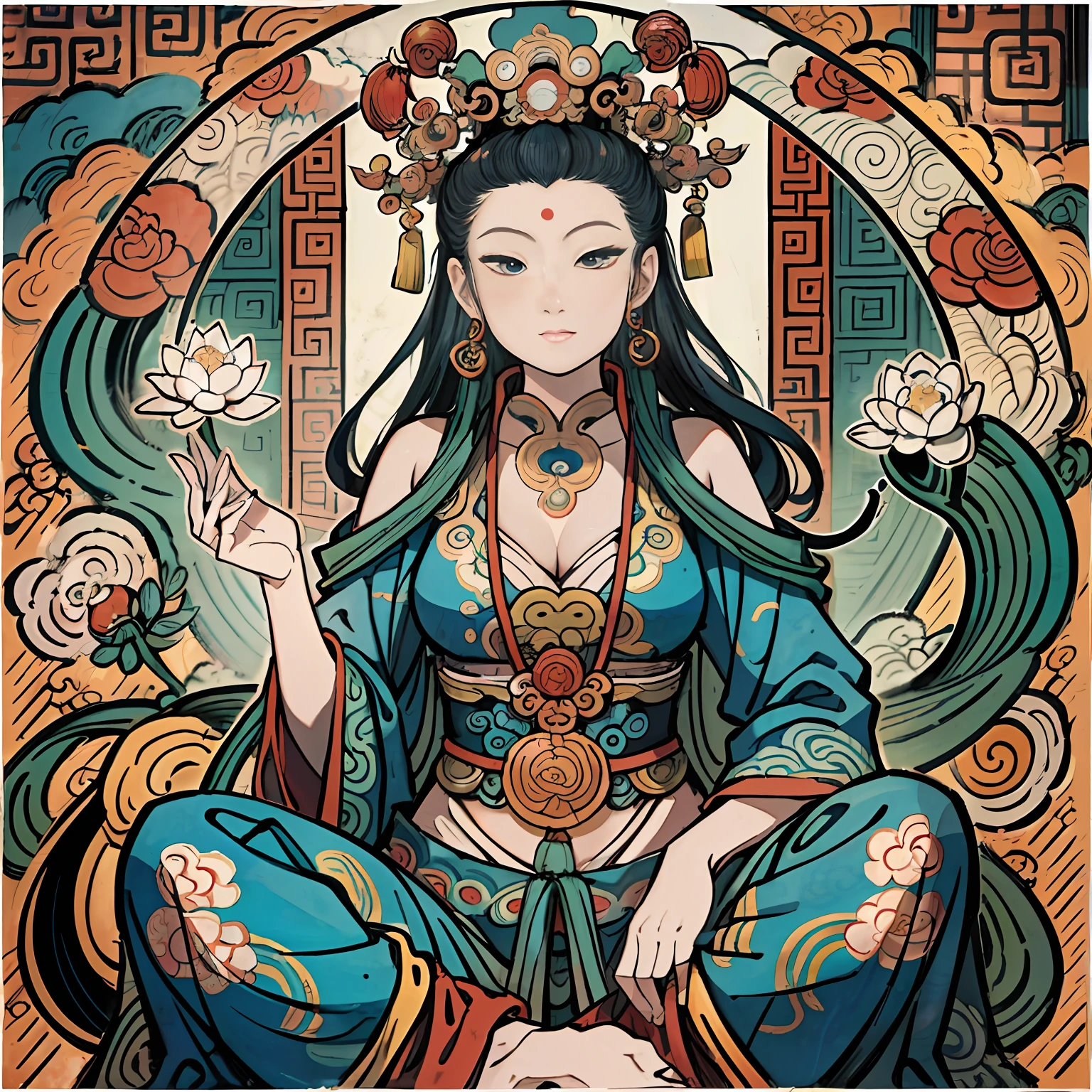 an ancient Chinese goddess, guanyin of the southern seas, Guanyin, Inspired by India, Avalokiteshvara,,Serene expression,shui mo hua,Buddha,Buddhist,Lotus,Chinese painting style,Thangka style