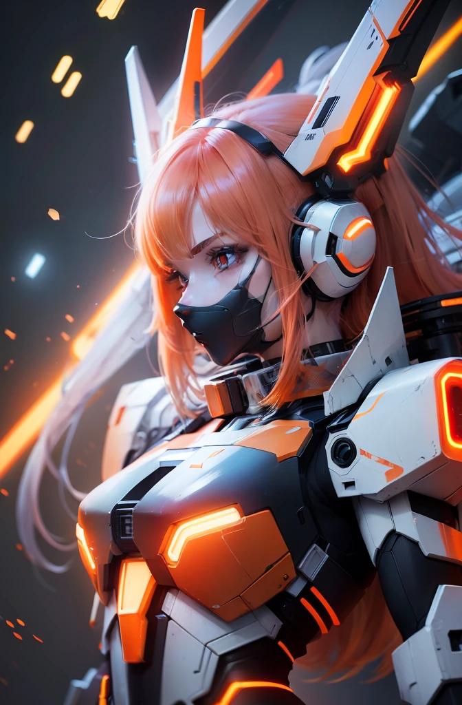 Female, neon body effect, orange neon effect, red neon effect, yellow neon effect, white neon effect, background neon effect, background detail, gundam, high resolution, high detail, high quality, orange hair, 16x9 potret