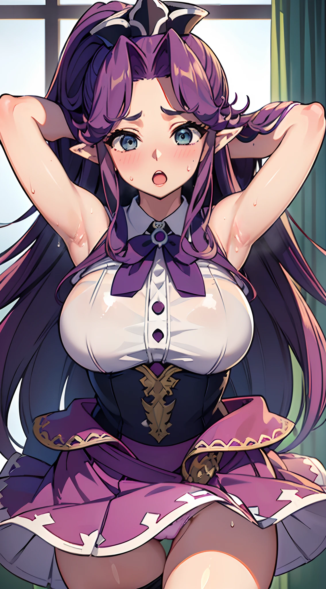 (hiquality)、(16 K)、(masuter piece)、(((very large udder))),(thick thight),blush、Purple hair、((Sweat))、((Open_Mouth))、(((pleatedskirt)))、(((White blouses)))、Arms behind your head、Armpits、:o、((Light blue panty))、School bag、((skirt_lift))