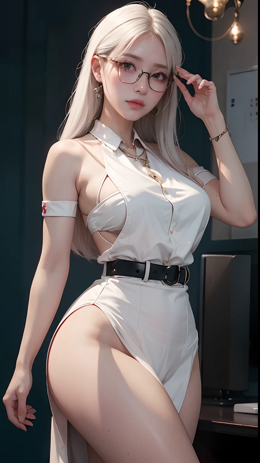 (1girl in:1.3)、独奏、__body-parts__、Official art、unity 8k wall paper、ultra-detailliert、Beautifully Aesthetic、Beautiful fece、White hair、(Wearing glasses)、((Glasses woman))、Colossal tits、​masterpiece、top-quality、Fantastic atmosphere、Calm palette、Engaging pose、Calm mood、Soft shading、Nurse、Charm spelling、Duties of a nurse、Gorgeous Jewelry