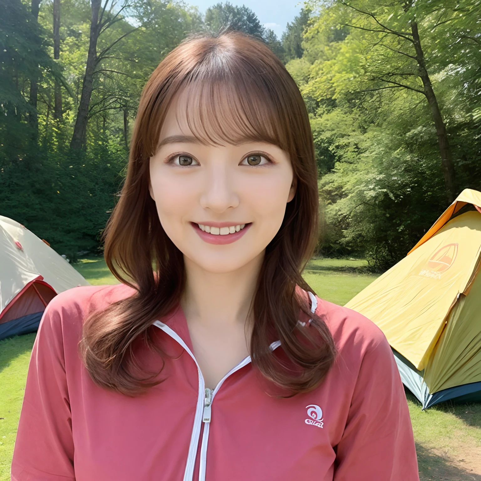 masterpiece、top-quality、37-year-old beauty、Beautuful Women、camp、Bright daytime outdoor、37-year-old woman、plein air、There is a tent in the distance、Smiling a little、Outdoor Clothing、There is a tent in the back、tshirts
