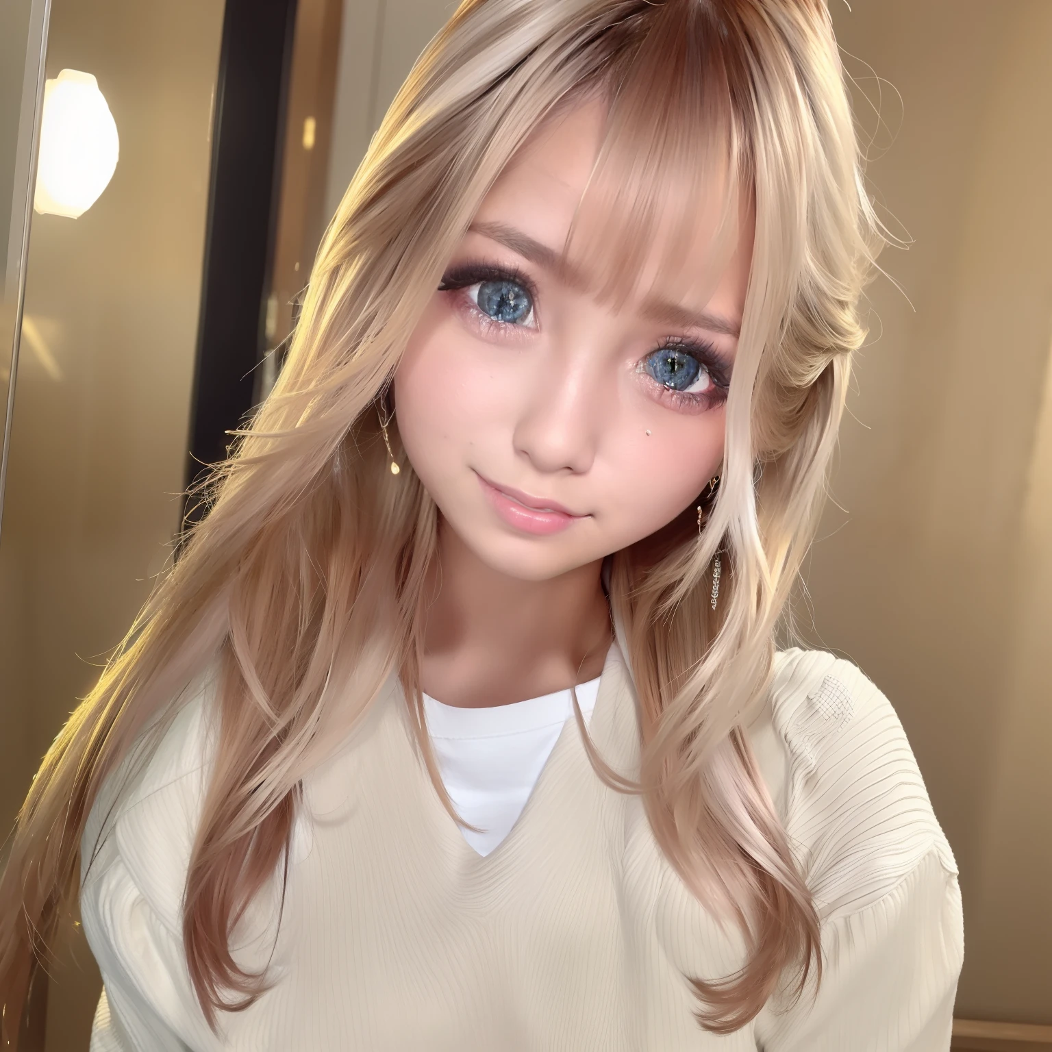 8K,The ultra -The high-definition,top-quality,​masterpiece,masuter piece,Photoreal Stick,(女の子1人:1.2),a blond,Beautiful facial features,big eye,(tanned brown skin),hi-school girl,Close-up of the face,a smile