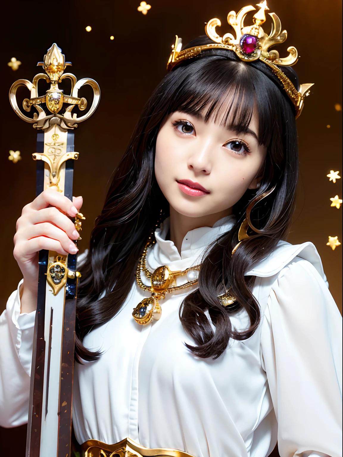 (masutepiece), Professional , masterpiece、top-quality、photos realistic , depth of fields (Gemstone Silver Metal Body:1.9),(Matte White、Jewel Gold Weapon(Jewel Metal Body:1.4),Gorgeous metal weapons ,(Swarm of goblins)、 Detailed Sword of the Brave , Beautiful knife ,warhammer 40k , adepta sororitas,Detail and ornate jewel crown、Black hair、Gangle's forest background、Beautiful Caucasian beauty、1a person、dynamic ungle,(((Detailed and ornate diamond crown)))、Smaller head、A smile、Take a sexy pose、Thin and beautiful female hands、cyanide light particles、
