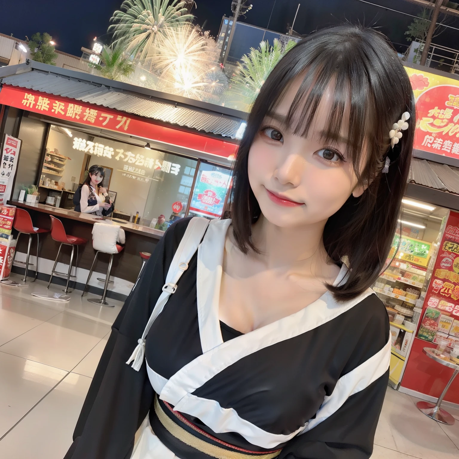 top-quality、超A high resolution、(Photorealsitic:1.4)、1girl in、Bust-up shot、(A dark-haired:1)、short-cut、(huge-breasted:1.2)、looking at the viewers、Cute s、Realistic Girl、An 18-year-old woman、a baby face、a smile、japanes、Black eye、Black kimono、Kimono with fireworks pattern、japanese festival、Fireworks Festival、food stand、free pose、camel's toe、Erotic figure、