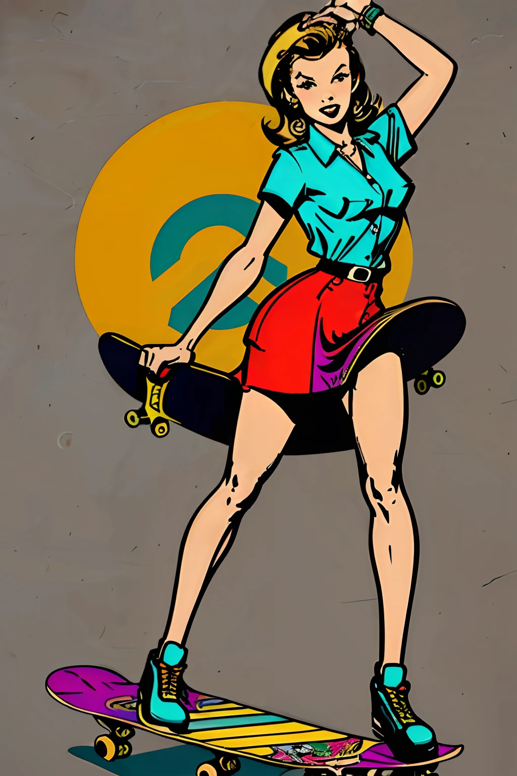 ((a  cartoon sticker, skinny, pin up, 50s style , holds a skateboard in her hand)), retro outfit, she is wearing a skirt, skate pose, full body shot,