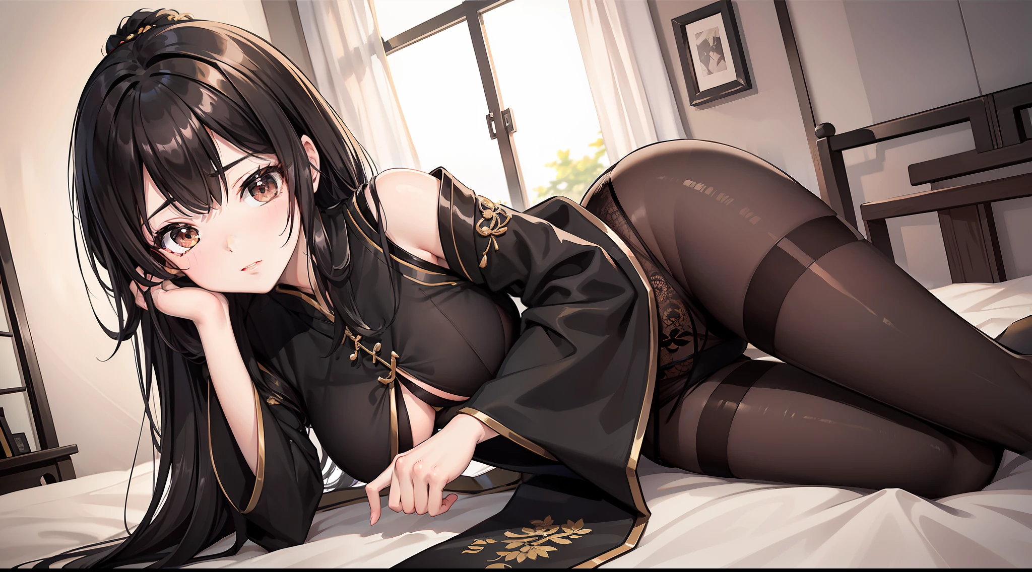 hoang lap，A high resolution，ultra - detailed，photo-realistic（1girll：1.3），handpainted，Simple lines，-yeld giwearing black Chinese Hanfu，beuaty girl，on top of the bed，black pantyhoses，black pantyhoses，ssmile，looking toward the viewer，Large round chest，Raised sexy，black pantyhoses，，black pantyhoses，Gold earrings， your ass